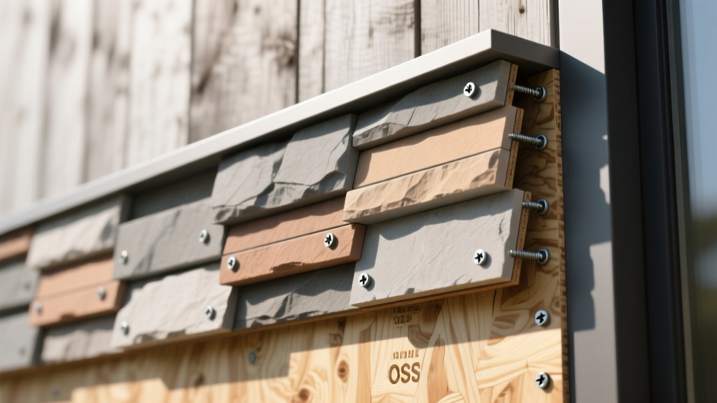 Interlocking polyurethane faux stone veneer panels in stacked ledge profile being screwed into exterior OSB sheathing
