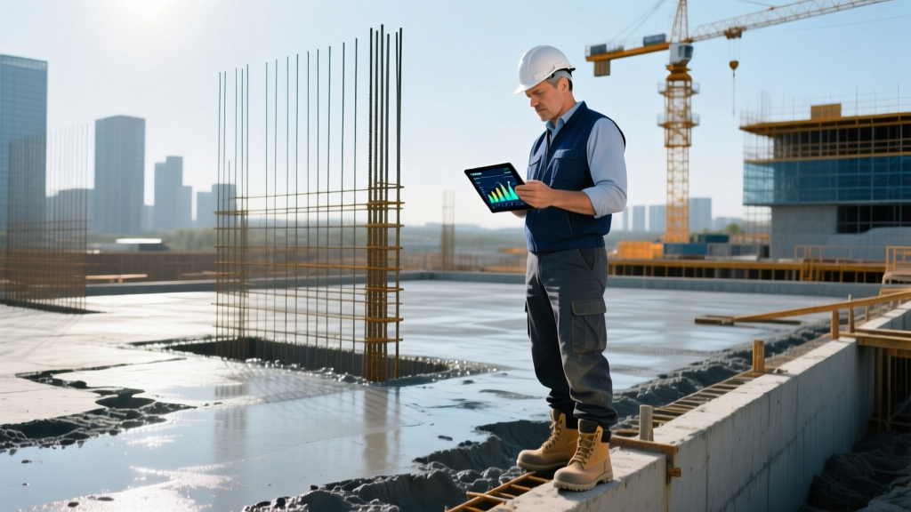 Structural engineer reviewing material density charts on a tablet while inspecting a poured concrete foundation at a commercial site