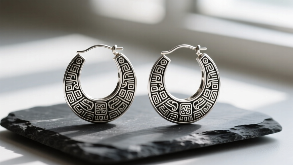 Close-up of ornate Mexican silver hoop earrings with Aztec filigree resting on a dark slate stone surface in soft daylight.
