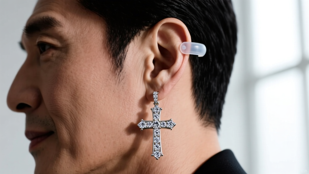 Side profile of a reinforced earlobe wearing a heavy diamond cross pendant earring secured with a clear silicone lifting back.