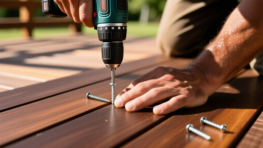 Close-up of a carpenter pre-drilling and driving stainless steel screws into dense dark brown Ipe wood decking boards on a sunny day