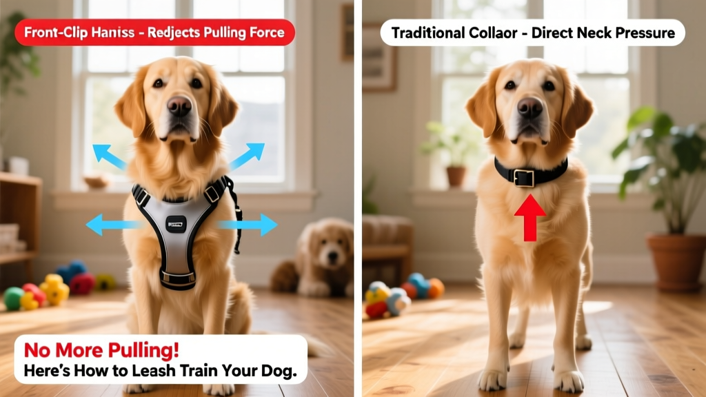 Side-by-side comparison of a dog wearing a front-clip harness versus a traditional collar, with clear labels showing how force distribution differs