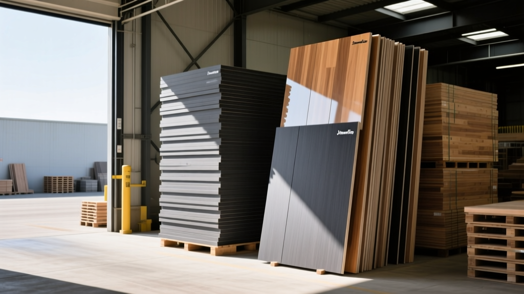 Stacks of James Hardie fiber cement siding and LP engineered wood panels at a regional building supply lumberyard loading dock
