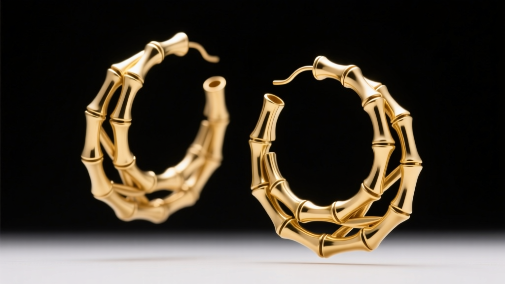 Large gold-plated brass bamboo hoop earrings captured in mid-swing, showing kinetic motion blur against a dark studio backdrop.
