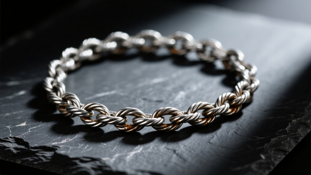 Close-up of a tarnished 925 sterling silver rope chain resting on a dark slate surface, illuminated by dramatic side lighting.