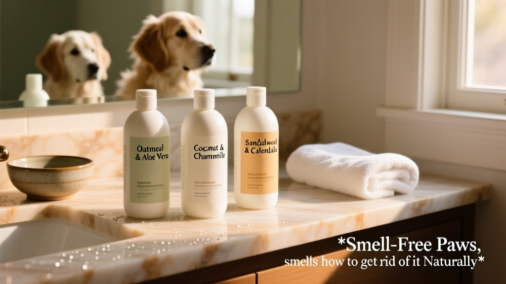 Three bottles of dog shampoo labeled with natural ingredients like oatmeal and aloe vera, arranged neatly on a bathroom counter