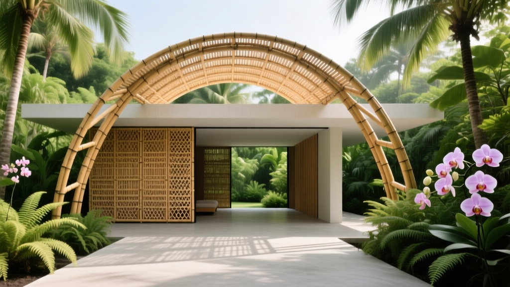 Modern architectural pavilion featuring large structural bamboo trusses and woven bamboo wall panels set in a lush tropical garden landscape