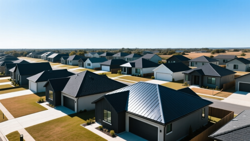 Aerial view of suburban homes featuring dark architectural asphalt shingles and standing seam metal roofing panels under clear skies