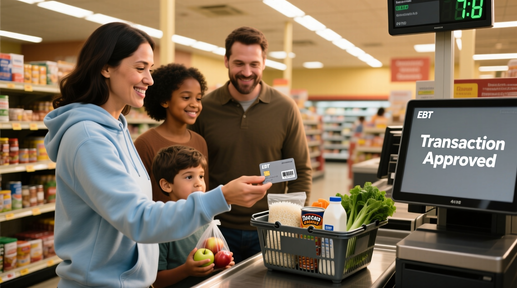 Family using EBT card at grocery checkout