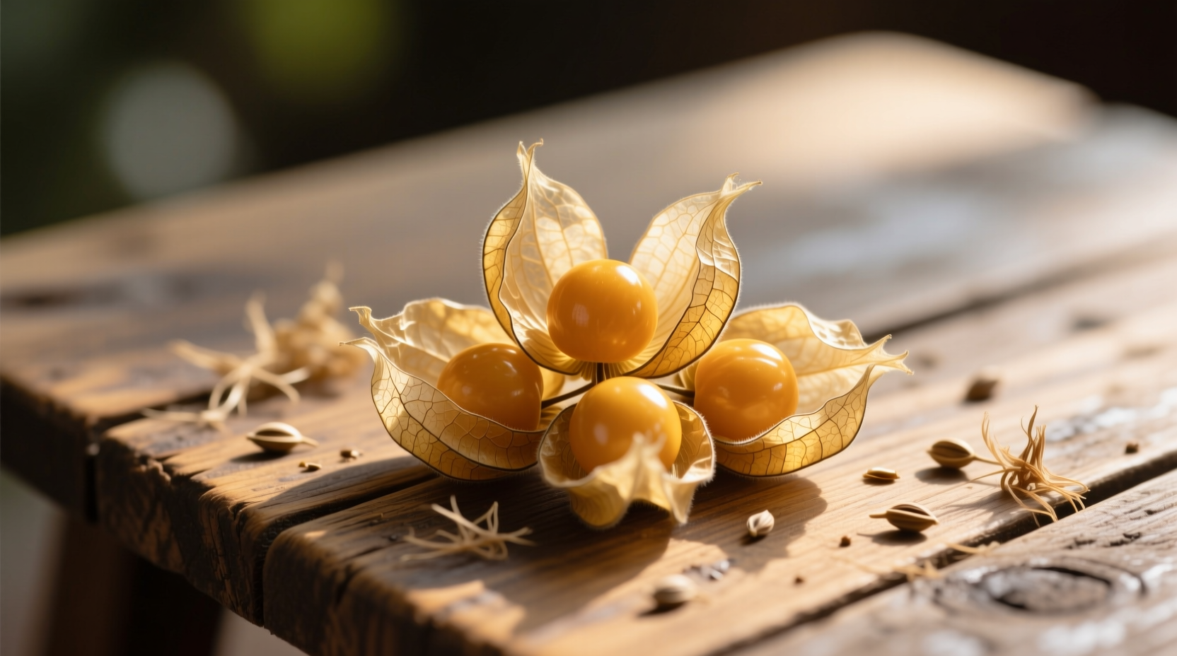 Golden berries in their papery husks on a wooden table