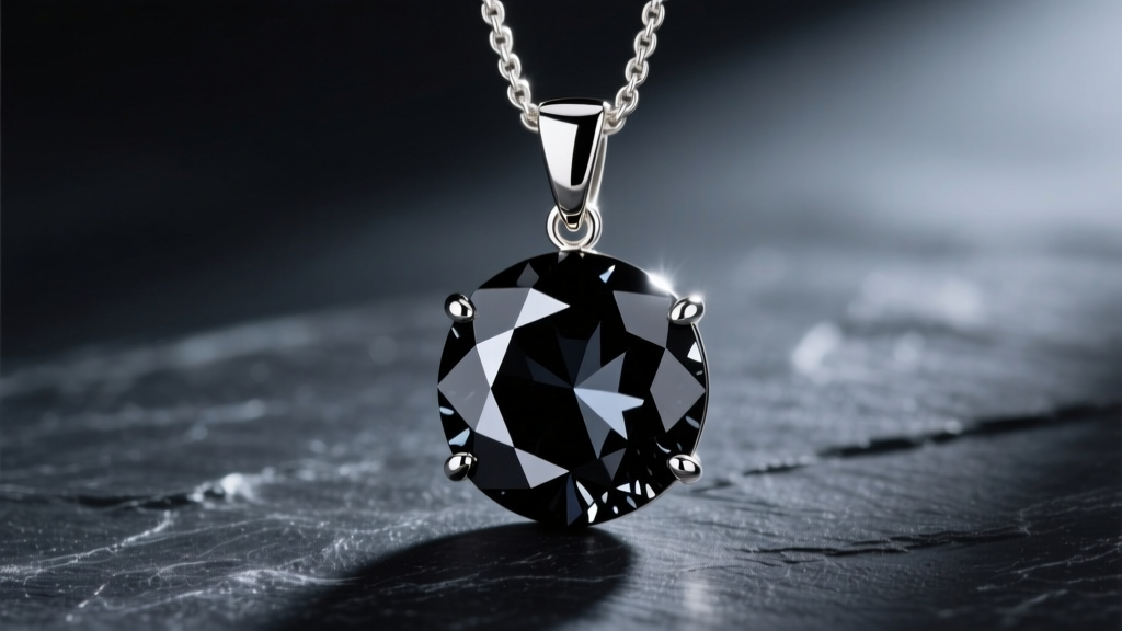 Black spinel pendant in 14k white gold on dark slate, showing sharp faceted edges and brilliant luster under soft studio lighting