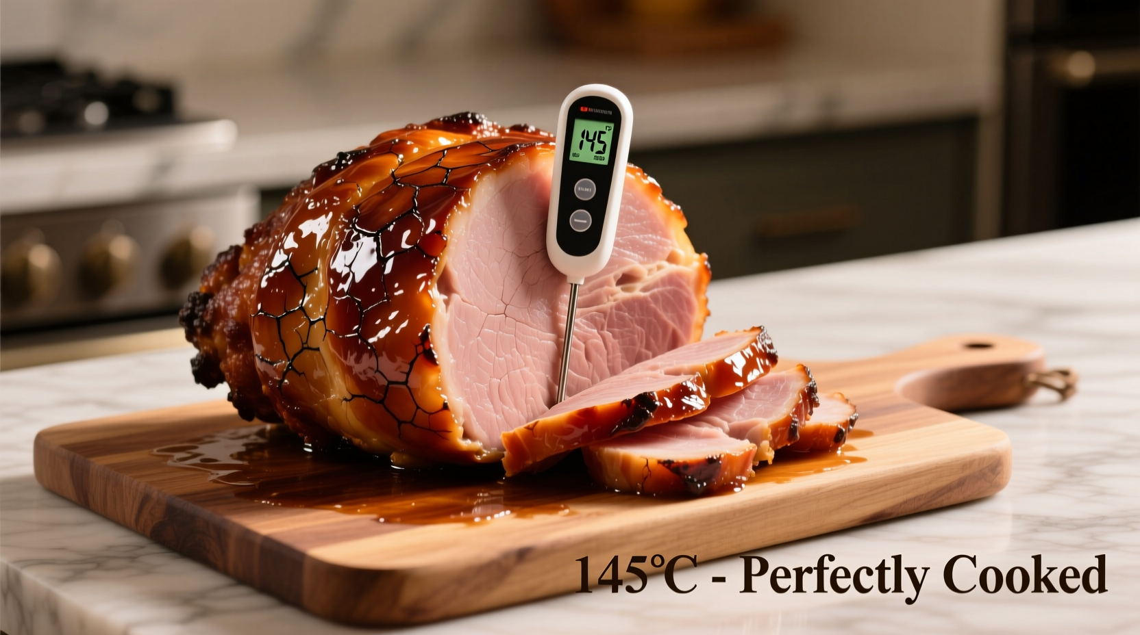 Perfectly glazed baked ham with internal temperature reading