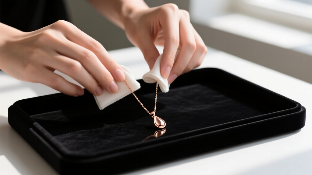 Hands gently cleaning a delicate 14k rose gold raindrop necklace with a soft microfiber cloth over a dark velvet jewelry tray