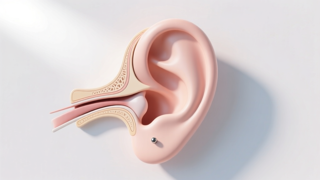 Anatomical diagram of a human ear showing helix, tragus, and lobe piercing placements in pastel tones on a clean white background