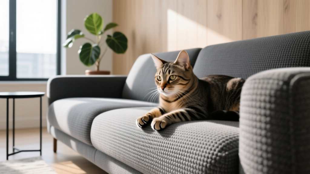 Close-up of a cat claws gently resting on a tightly woven charcoal grey Crypton performance fabric sofa in a sunlit modern living room
