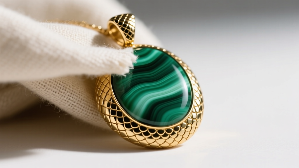 Soft cloth wiping a malachite Serpenti pendant, showing intricate gold scales and the vibrant, banded green stone grain pattern.