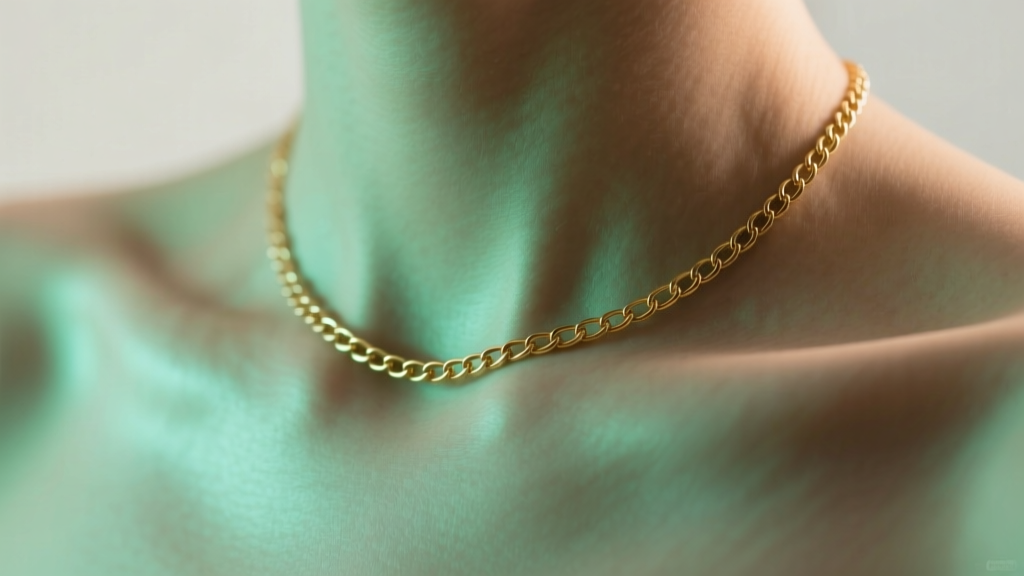 Close-up of a collarbone showing a faint green tint beneath a delicate gold-plated brass chain necklace in soft daylight