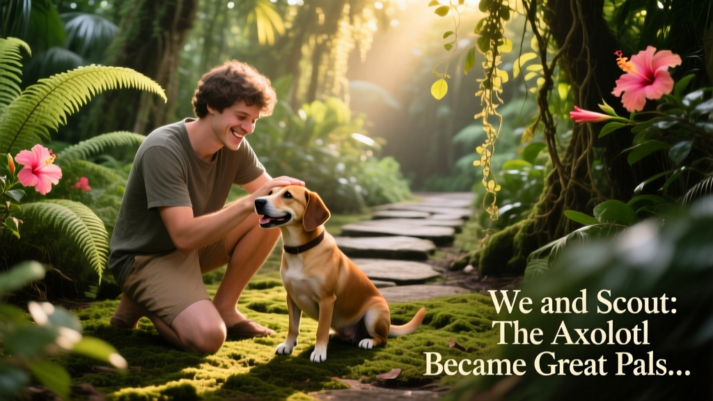 Cody kneeling beside Sausage the dog, both looking cheerful and relaxed in a tropical garden setting