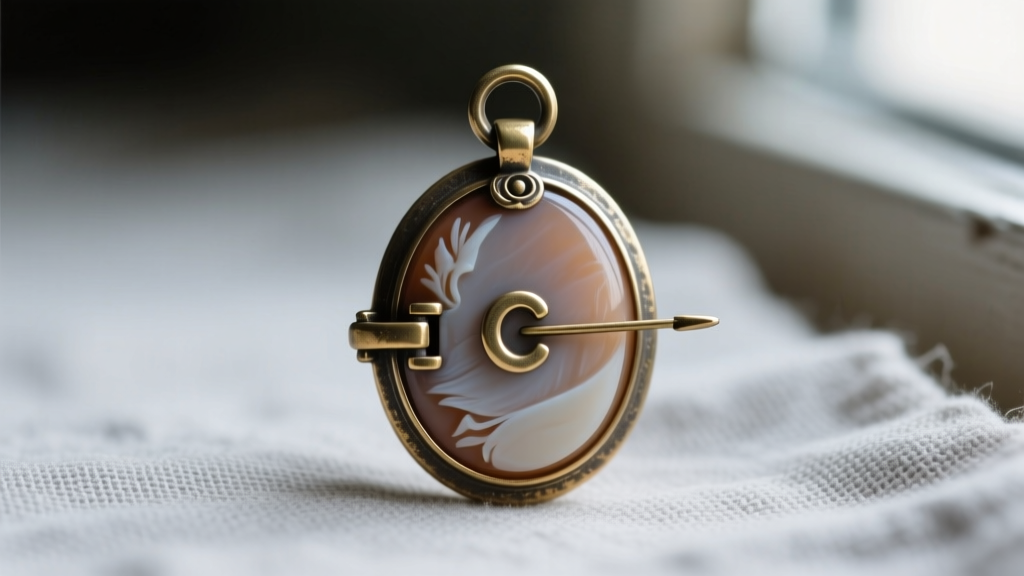 Close-up of the back of a Victorian cameo pendant showing a traditional brass C-clasp, T-hinge, and a simple non-locking pin