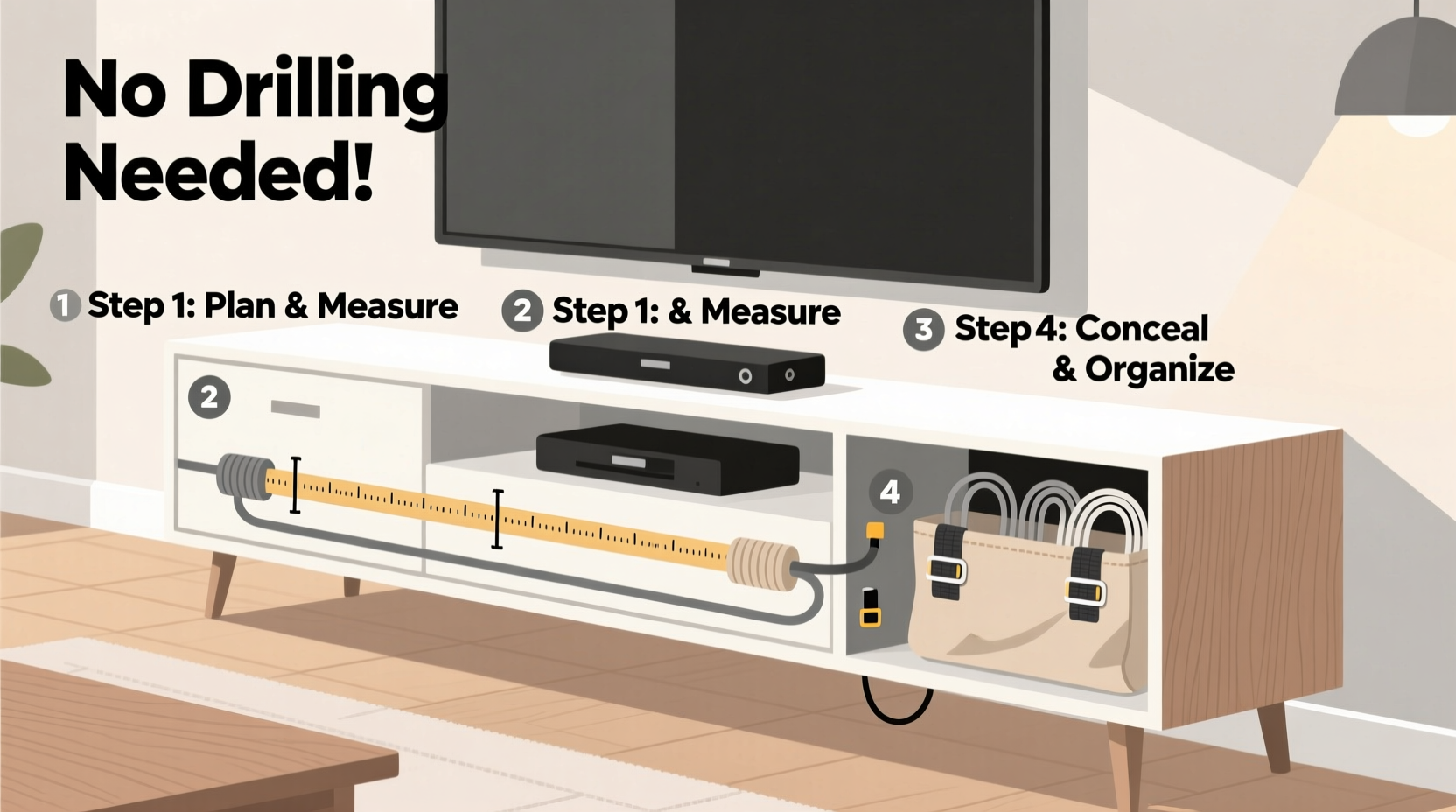 how to hide cords neatly behind entertainment centers without drilling