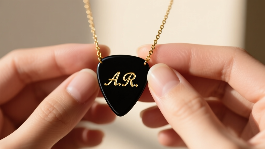 Hands holding a black celluloid guitar pick necklace with engraved gold initials, soft natural window light, macro photo shot.