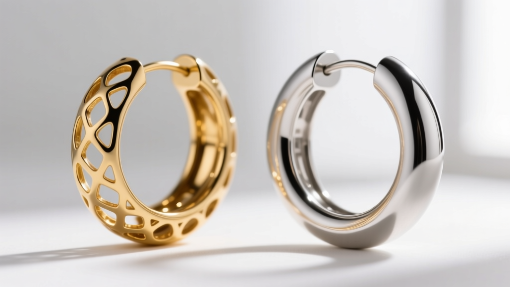 Close-up cross-section of a hollow electroformed gold hoop earring next to a solid cast silver hoop, showing internal cavities.