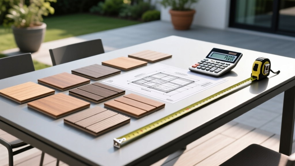 Blueprint overlaid with composite decking samples, a calculator, and a tape measure on a modern outdoor patio design table