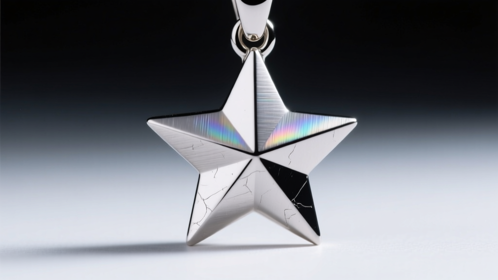 Macro shot of titanium six point star pendant tip showing flawless edge retention and brushed metallic finish under studio lighting.