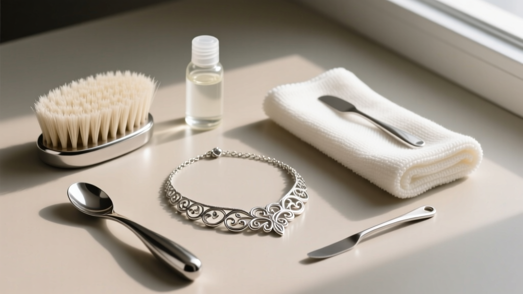 Flat lay of silver cleaning tools: soft horsehair brush, mild soap, and microfiber cloth resting beside a delicate silver necklace.