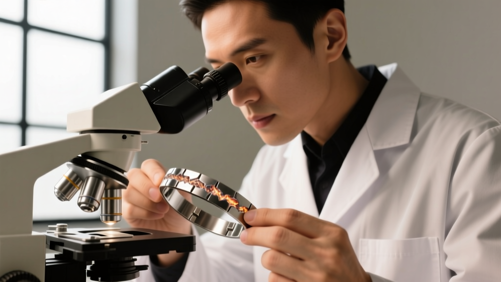 Jeweler examining a welded stainless steel bracelet joint under a microscope to check for weld porosity and heat discoloration.