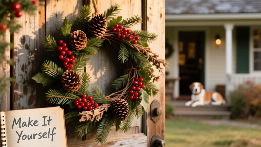 Finished wreath hanging on a rustic wooden door, adorned with pinecones, red berries, and mixed evergreen textures