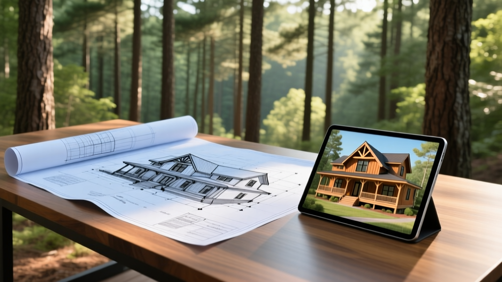 Architectural blueprints and a digital tablet showing a 3D model of a craftsman-style home surrounded by North Carolina pine trees