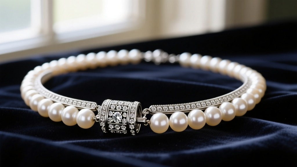 Close-up of an Edwardian antique pearl necklace featuring a diamond-studded platinum barrel clasp resting on dark velvet fabric.