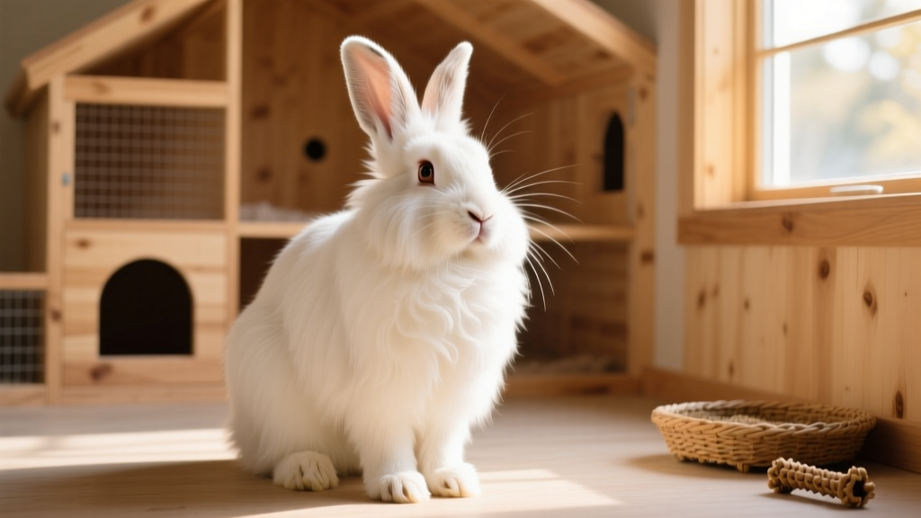 A large, majestic Giant Angora rabbit with thick white wool, standing confidently in a clean, roomy hutch