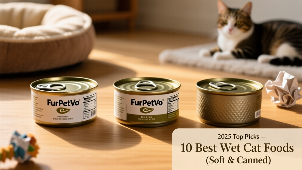 Side-by-side comparison of top 3 FurPetVo wet cat food cans showing labels, textures, and portion sizes