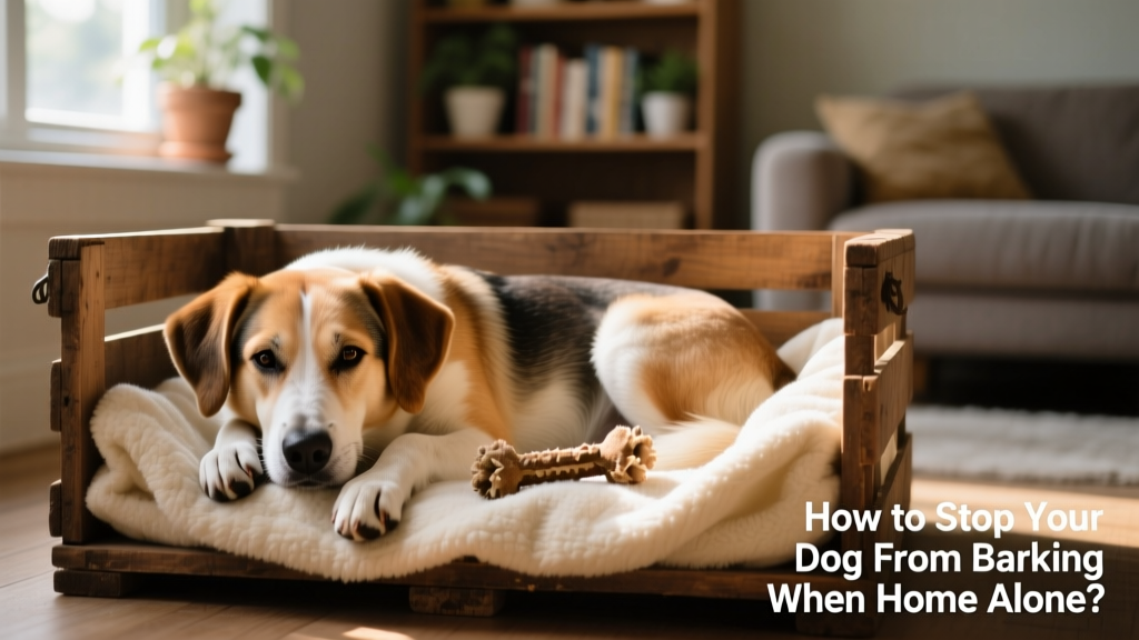 A calm dog resting in a cozy, well-lit crate with a soft blanket and chew toy