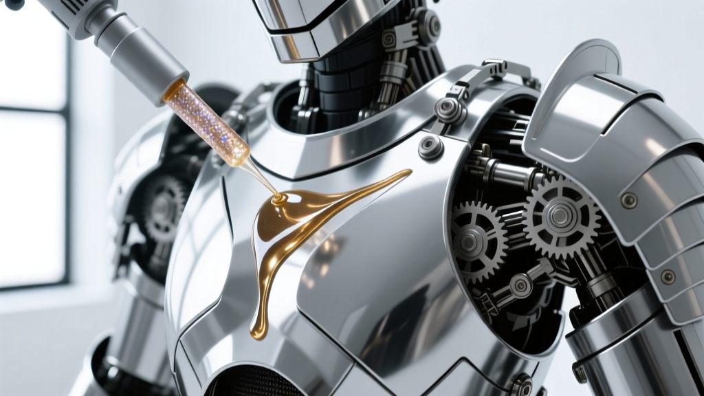 Precision applicator dispensing nano-ceramic lubricant onto the articulated wing joints of a heavy structural silver chest piece