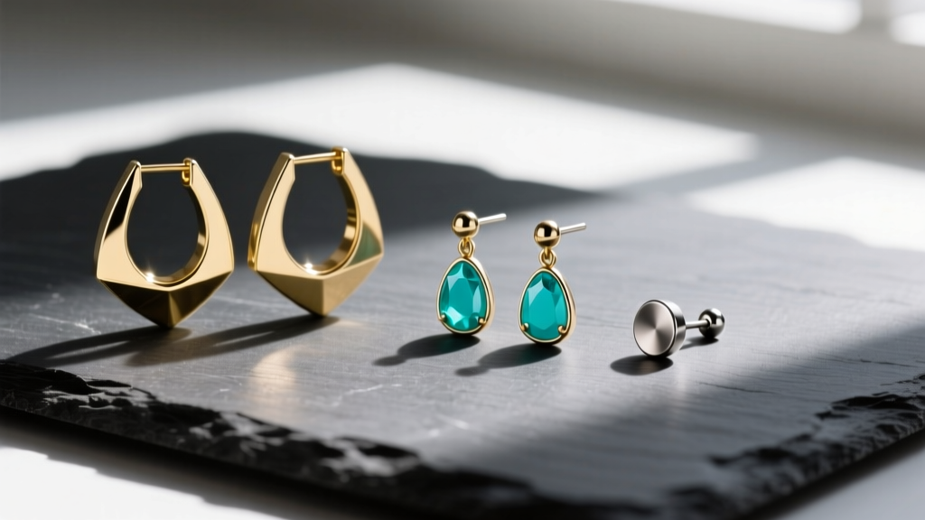 Flat lay of artisan USA earrings featuring turquoise drops, geometric gold hoops, and titanium threadless studs on dark slate