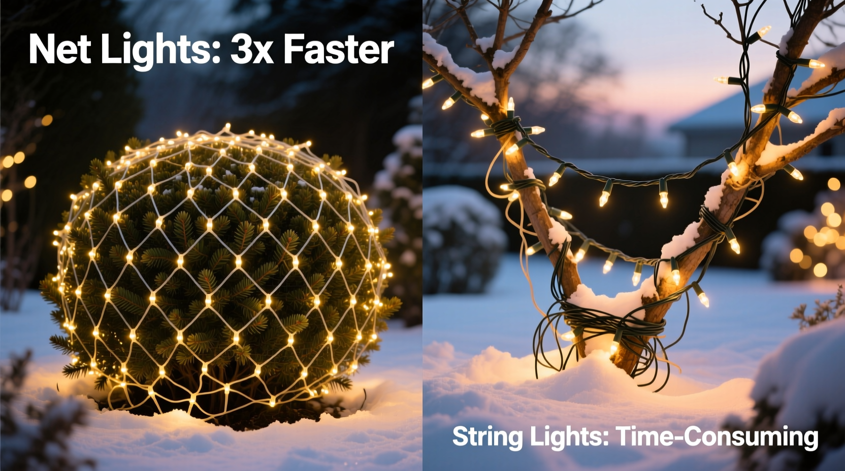 christmas light net lights vs string lights which covers bushes faster and easier