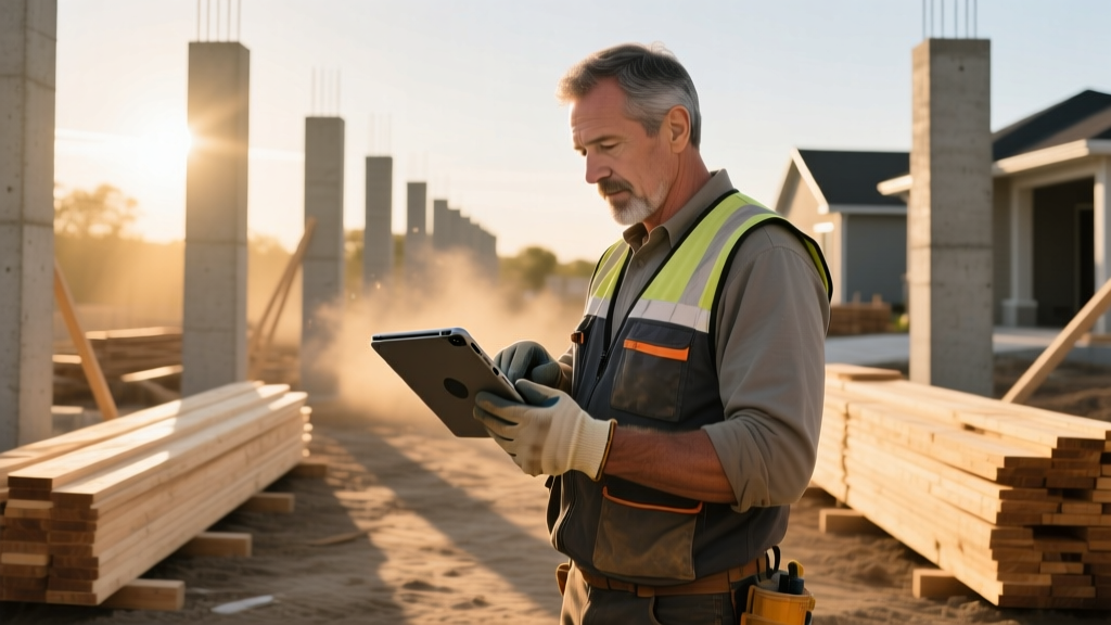 Contractor reviewing digital blueprints on a tablet next to stacked lumber and concrete forms on an active residential job site