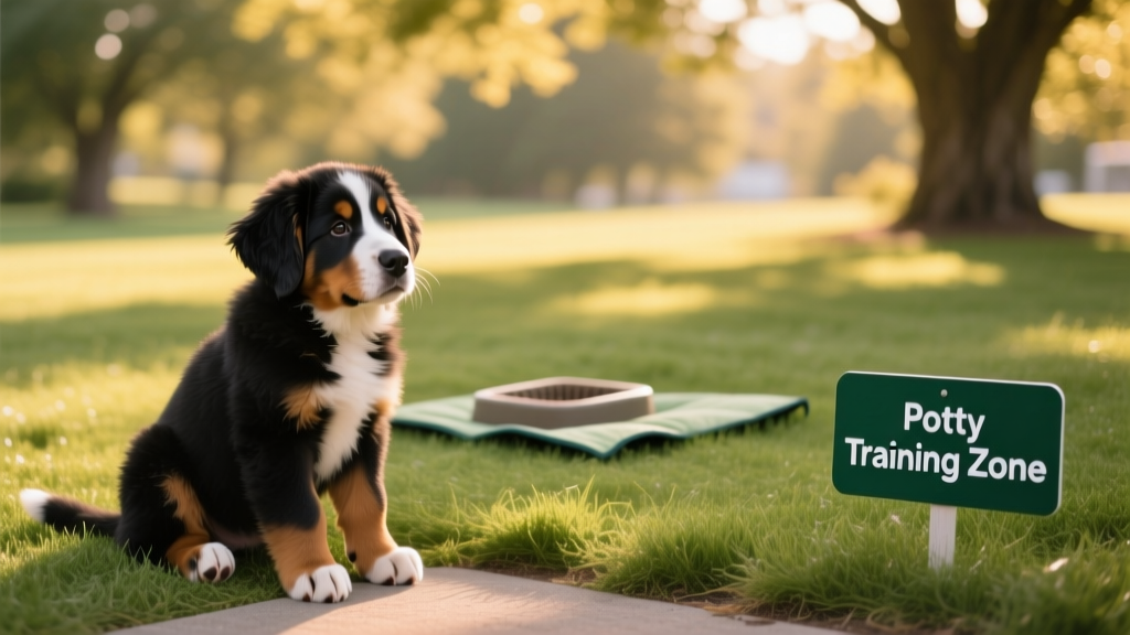 Bernese Mountain Dog puppy sitting patiently near a designated potty area outdoors