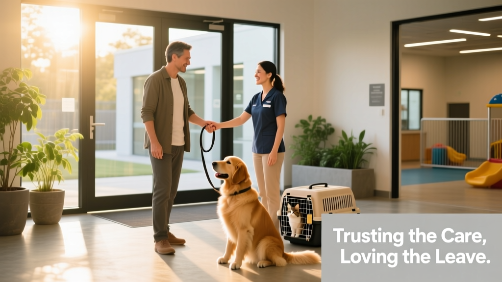 A confident pet parent handing a leash to a friendly, professional pet caregiver at a sunny boarding facility entrance