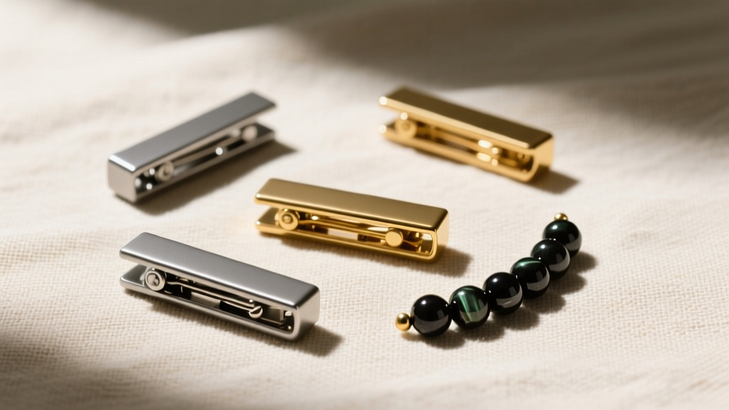 Top-down view of magnetic clasps in matte titanium, gold vermeil, and hematite beads on a textured natural linen fabric surface.