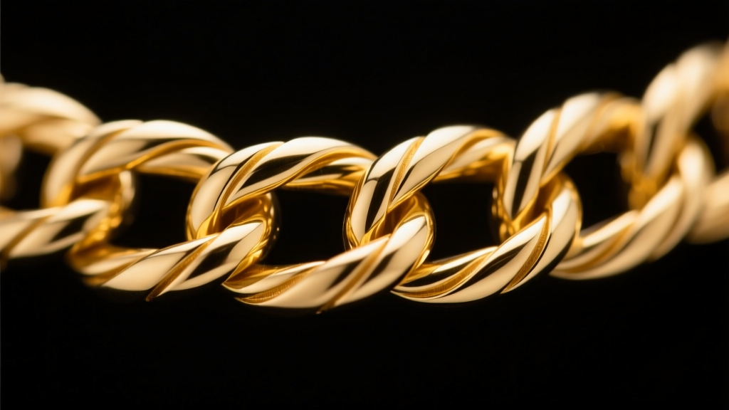 Macro shot of a 14k yellow gold wheat chain link structure, highlighting woven tensile strength against a dark velvet backdrop