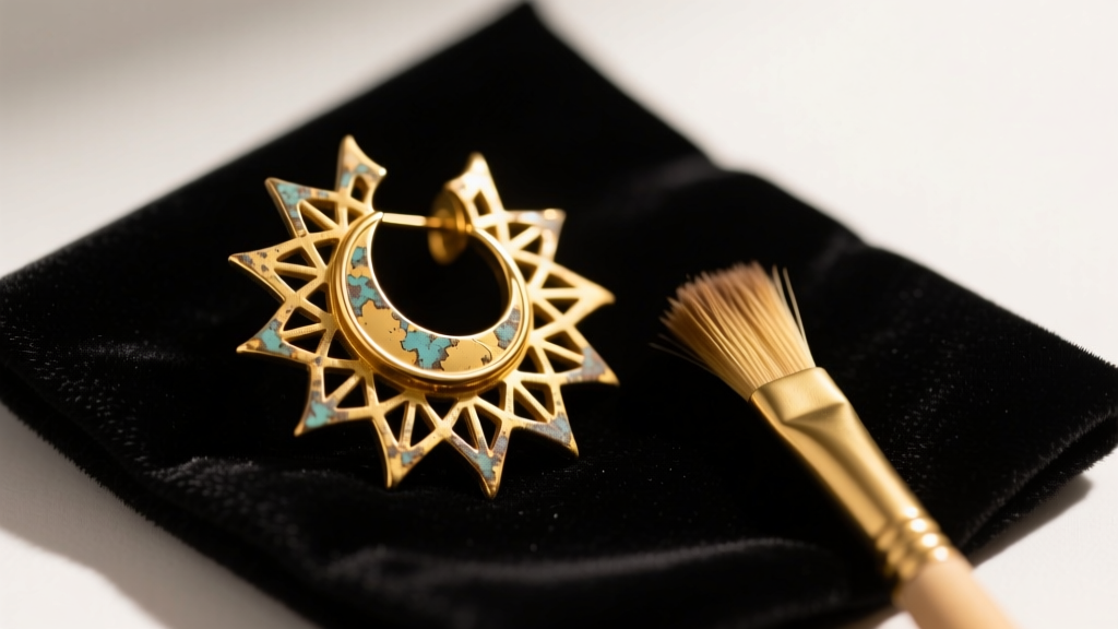 Tarnished sunburst moontan golden earring on dark velvet polishing cloth with a small brass cleaning brush beside it