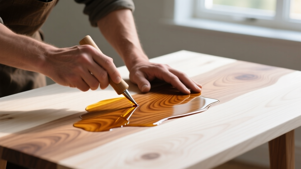 Close-up of a craftsman applying clear penetrating tung oil to a sanded white oak tabletop, highlighting the wood grain