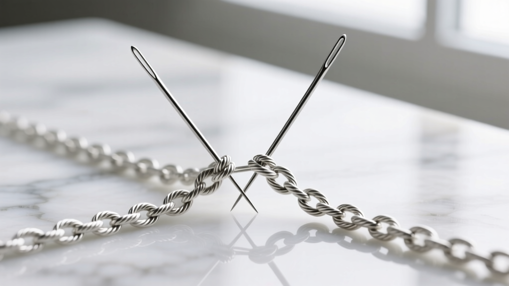 Close-up of two fine sewing needles gently pulling apart a knotted delicate silver cable chain on a smooth white marble surface