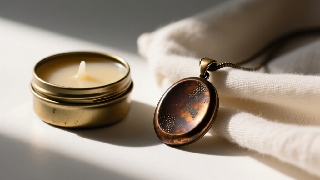 Microcrystalline wax tin and soft cloth next to a vintage bronze pendant showing a beautiful, natural dark brown patina finish