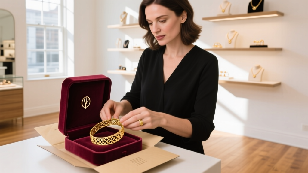 Boutique owner packing a velvet box with a gold bracelet into a branded shipping mailer for a direct-to-consumer retail order