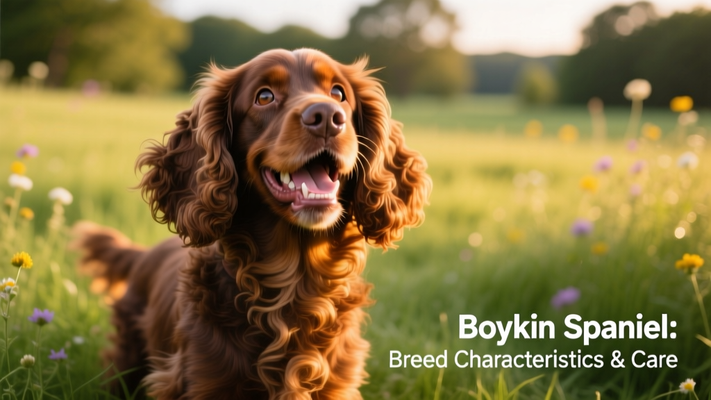 A happy Boykin spaniel smiling in the grass, showcasing its wavy coat and expressive eyes